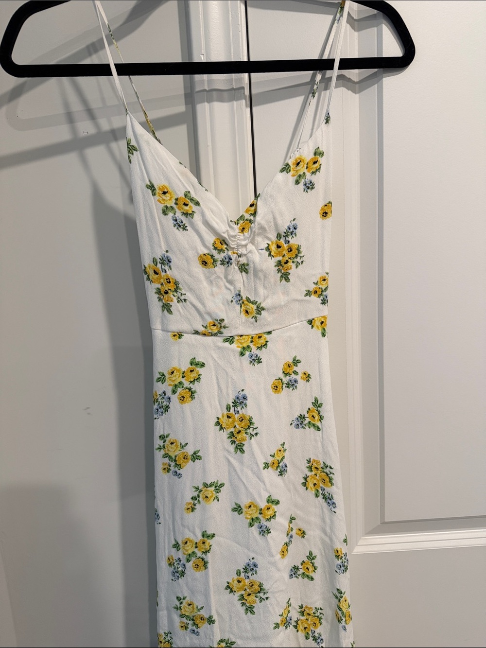 White Floral Spaghetti-Strap Maxi Dress with Yellow Bouquet Print